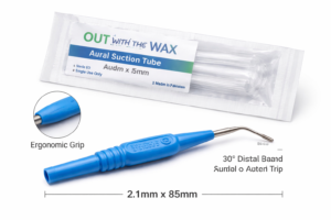 Out With The Wax aural microsuction tube with blue ergonomic handle and 30 degree stainless steel tip in sterile packaging