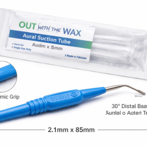 Out With The Wax aural microsuction tube with blue ergonomic handle and 30 degree stainless steel tip in sterile packaging